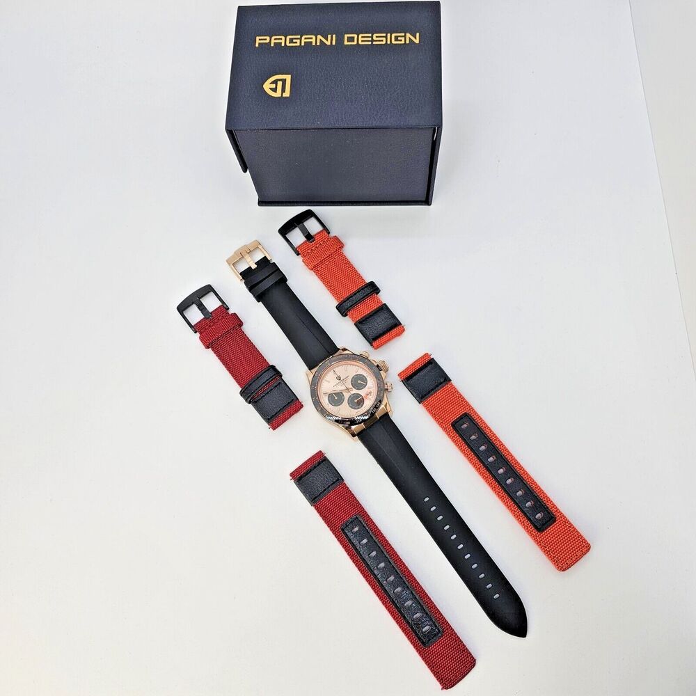 Pagani Design‎ Watch Men's 40MM Gold Dial Black Plastic Red Orange Canvas Bands - Picture 2 of 16